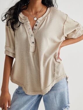 We The Free Urban Outfitters Heritage Henley Beige/ Yellow Quarter Sleeve Size S